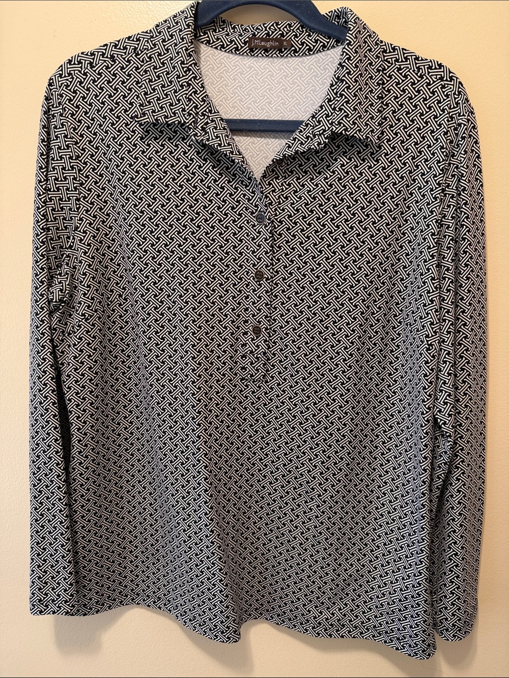 J. McLaughlin Black and Cream Geometric Long-Sleeve Collared Shirt